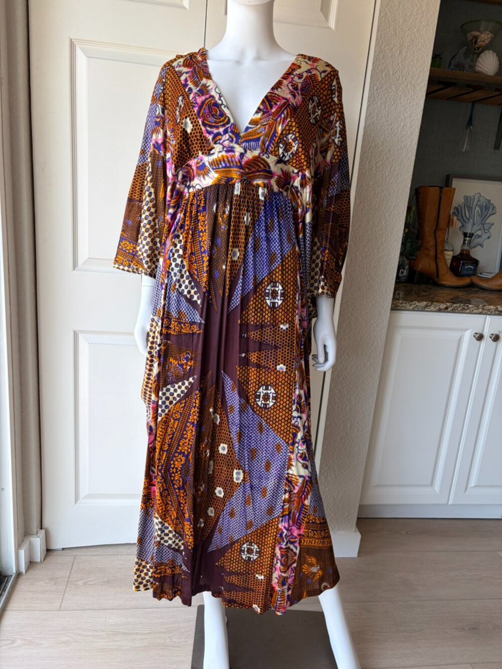 Vintage 70's Colorful Pattern Kaftan Maxi Dress - Picture 12 of 16